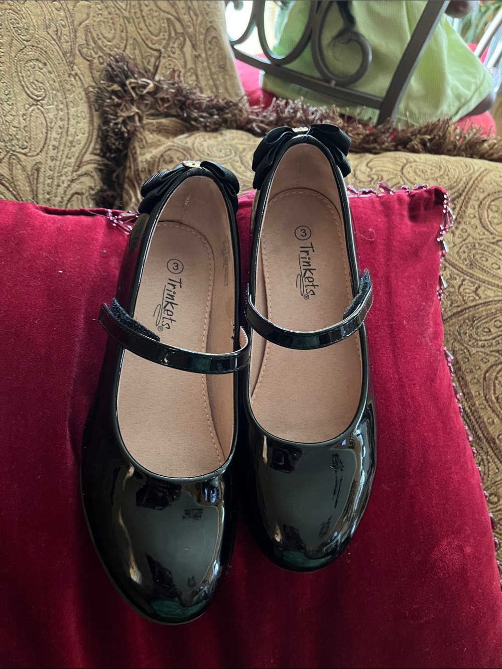 Soda Black Patent Mary Jane Flats with Heel Bow